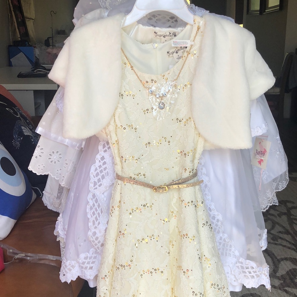 NWT Girls lace cream and gold sequin dress sz8